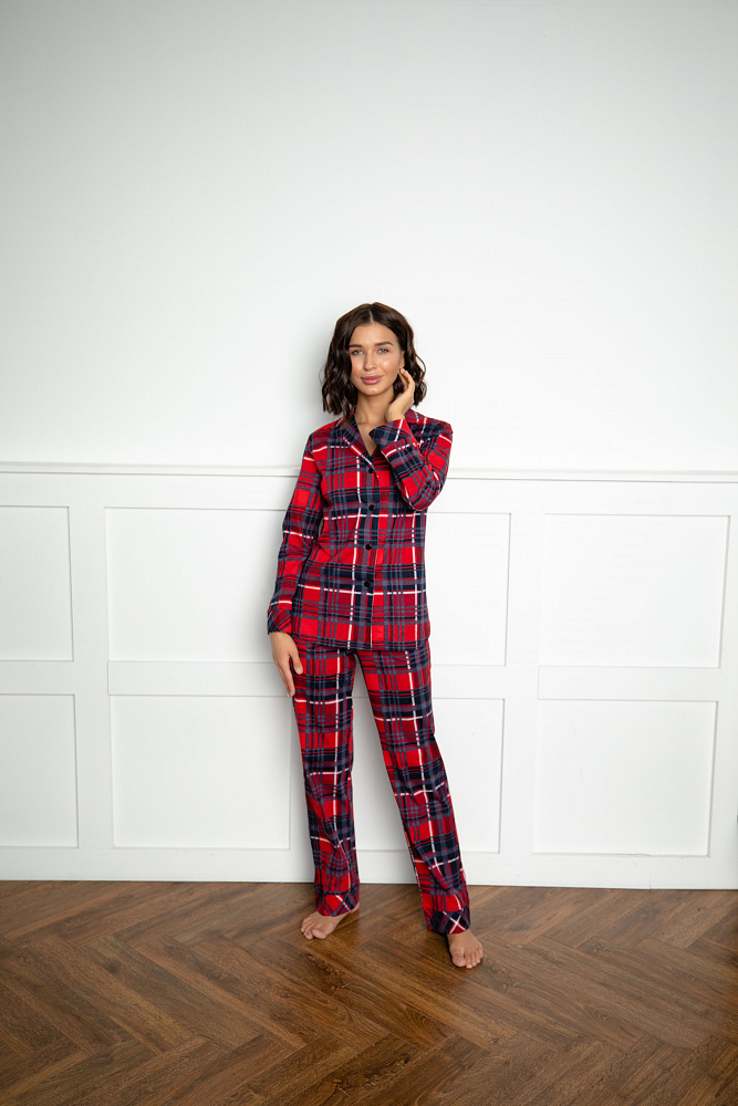 Прямые брюки из хлопка Slow beauty Клетка красная_8858