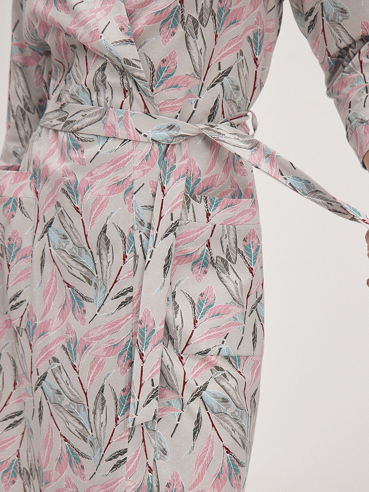 Халат из хлопка с поясом Cozy time Серо-розовые листья_12073