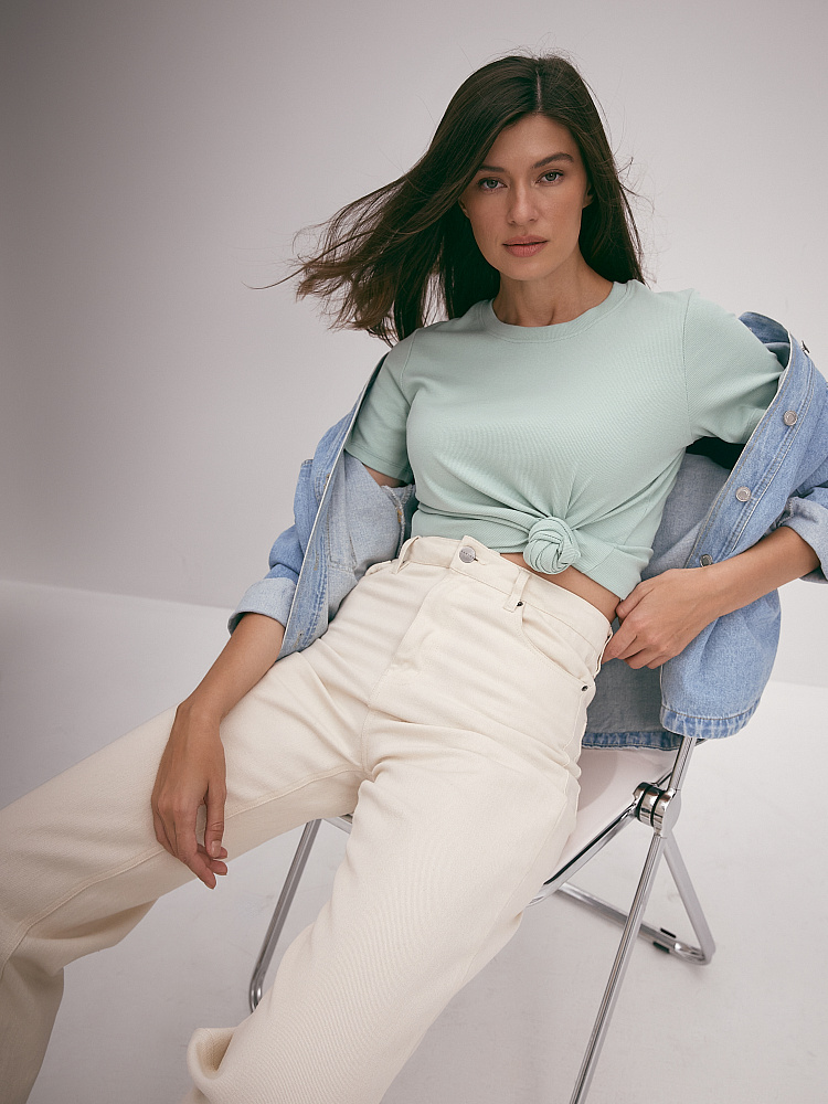 Зеленая футболка базовая в рубчик хлопок Шалфей Basic_13104