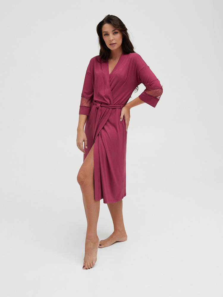 Халат из вискозы с кружевом Lili Малиновый_12049