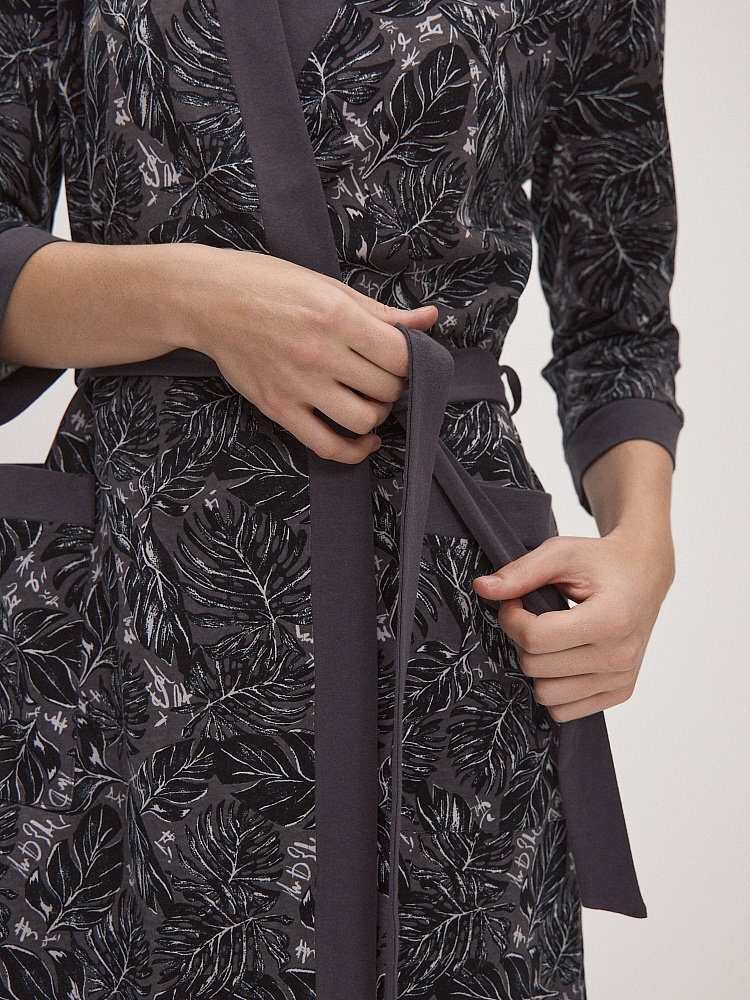 Халат из хлопка с поясом Cozy time Листья на сером_12363