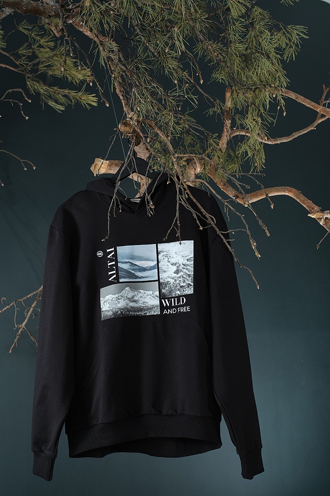 Худи из футера  Altai Черный/Горы чб_18938