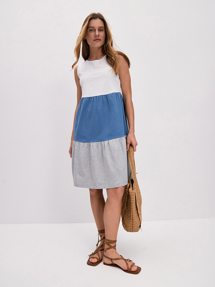 Платье из хлопка Color blocks Белый/Индиго/Серый меланж_14542