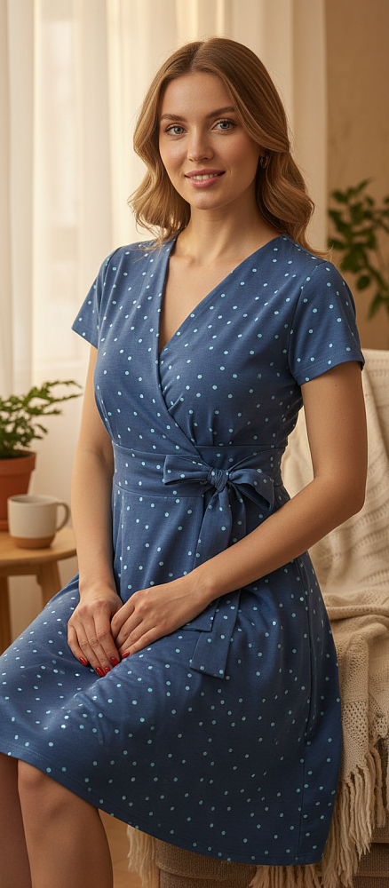 Халат из хлопка с поясом Cozy time Синий/Горох_19055