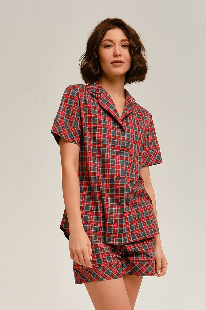 Рубашка с коротким рукавом из хлопка Slow beauty Красно-серая клетка_12489