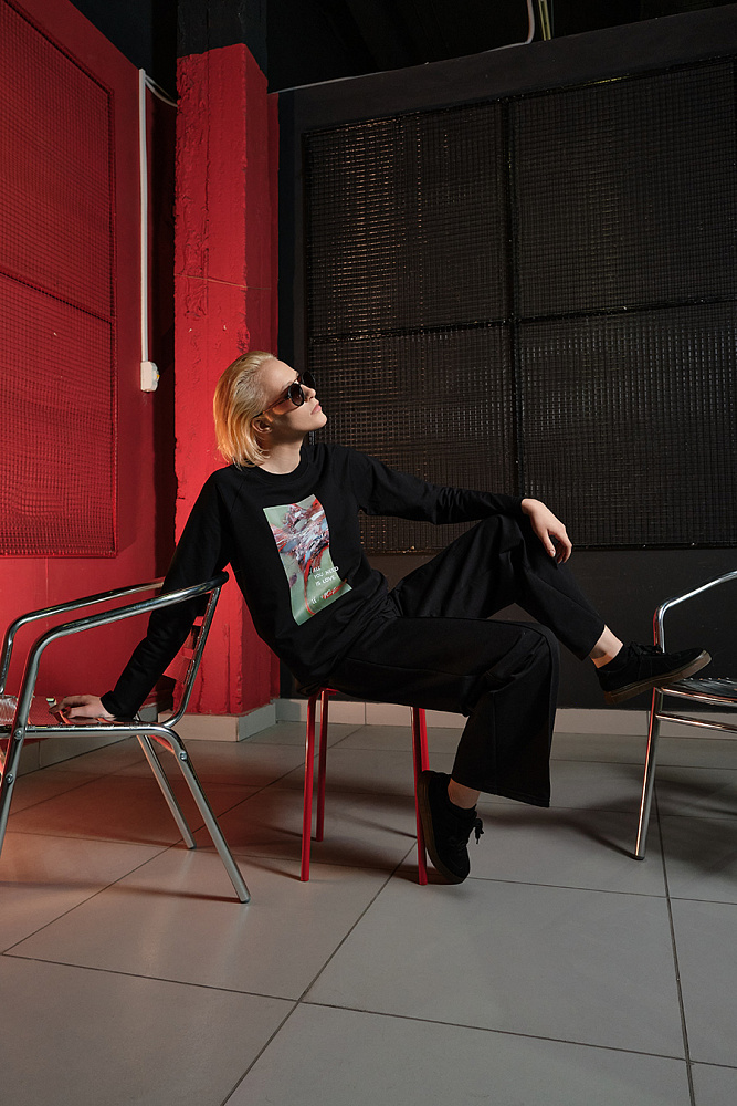 Лонгслив из эластичного футера Art moment Черный/Love_15319