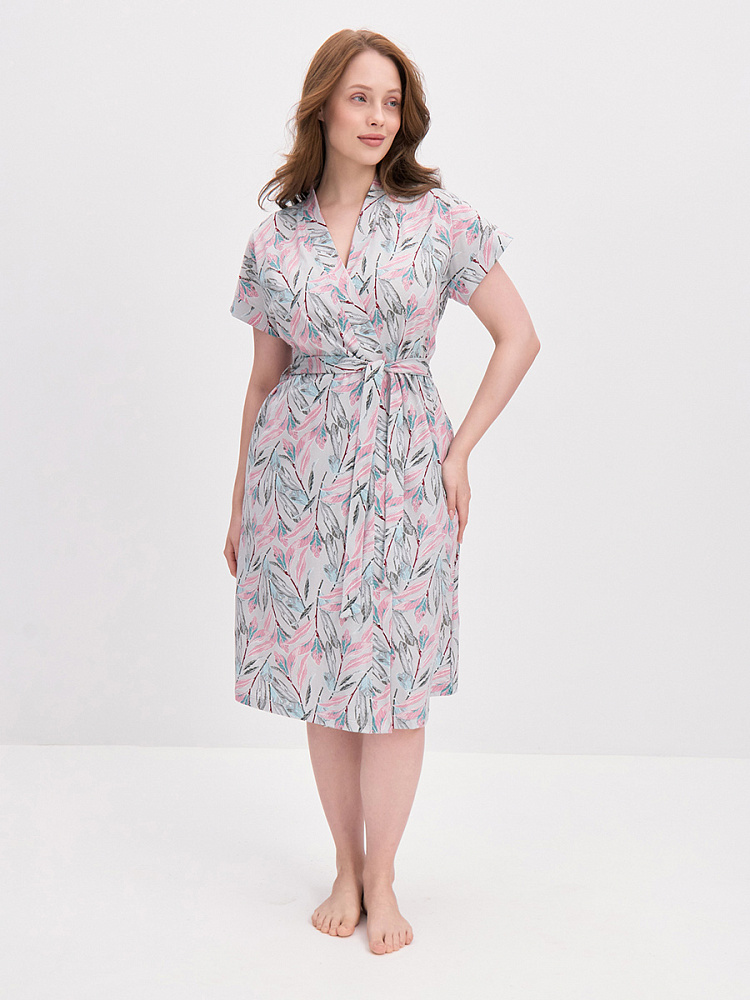 Халат из хлопка с поясом Cozy time Серо-розовые листья_14172