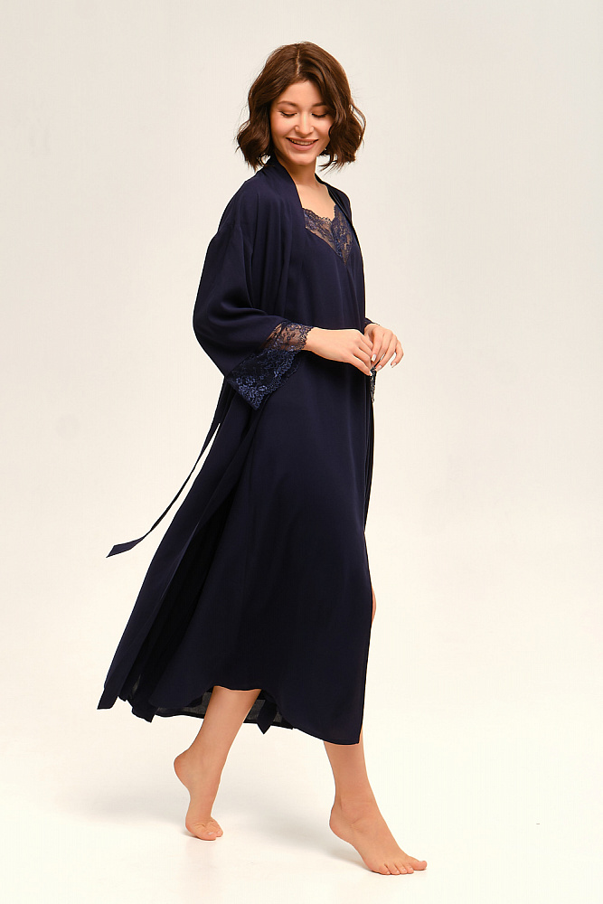 Халат из штапеля с кружевом  NINFA Темно-синий_12768