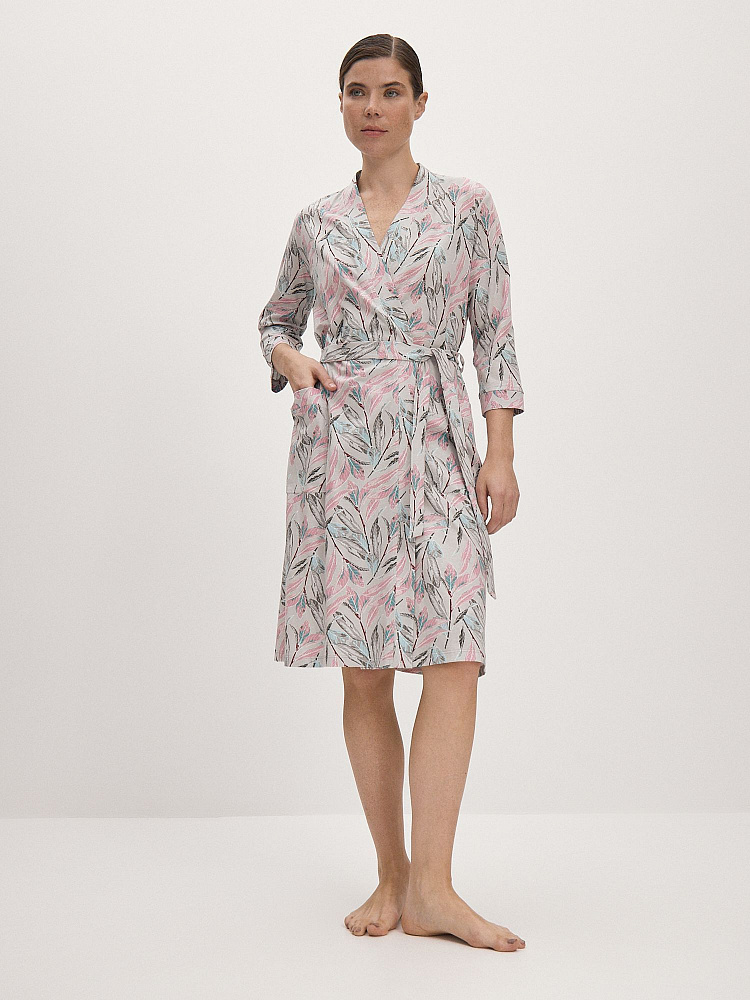 Халат из хлопка с поясом Cozy time Серо-розовые листья_12072