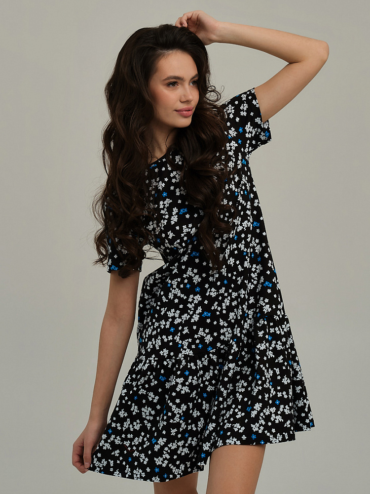 Платье из хлопка Kira Ромашки на черном_10603