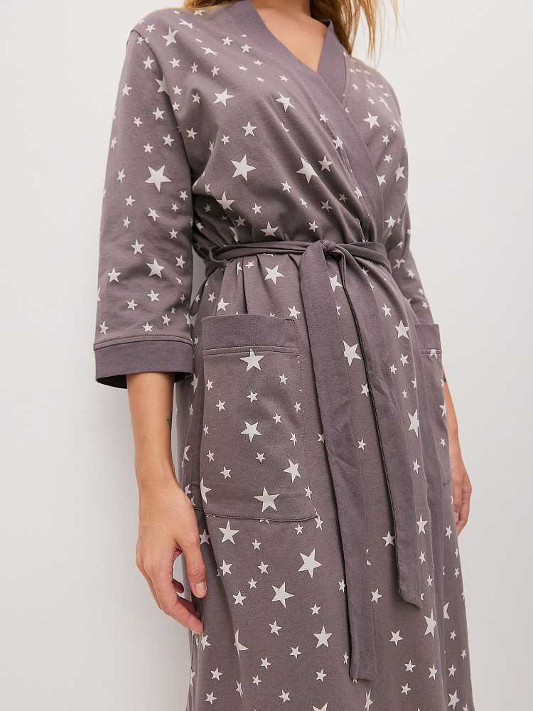 Халат из хлопка с поясом Cozy time Серый/Звезды_11257