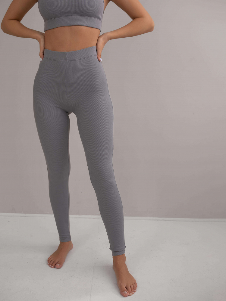 Леггинсы тёмно-серые в рубчик трикотажные Basic_5523