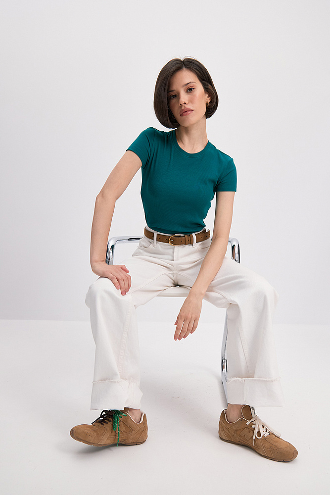 Футболка трикотажная в рубчик Basic Зеленый сапфир_15639