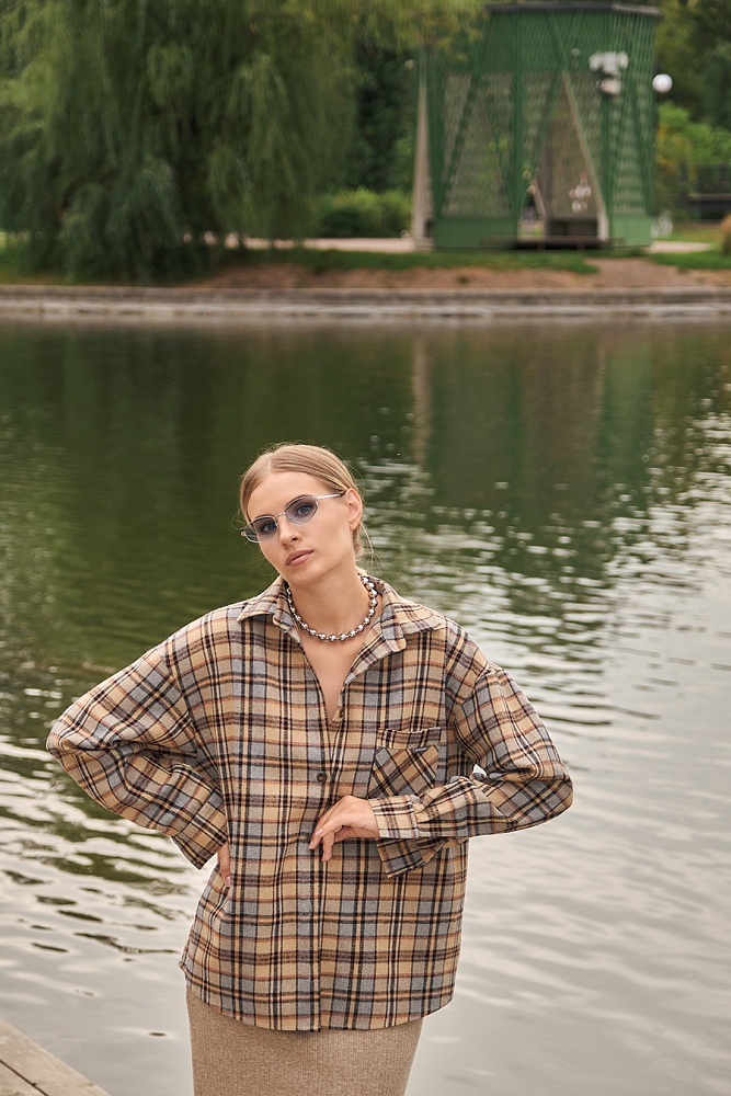 Рубашка в клетку из хлопка City Plus Бежево-коричневая клетка_16433