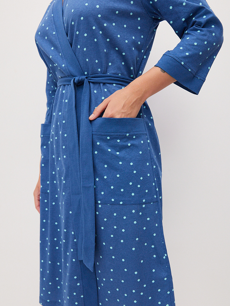 Халат из хлопка с поясом Cozy time Синий/Горох_11263