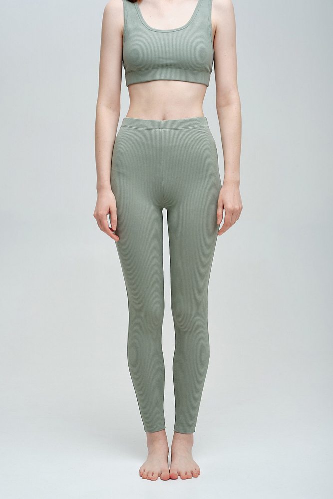 Леггинсы зеленые трикотажные в рубчик Оливка Basic_8366