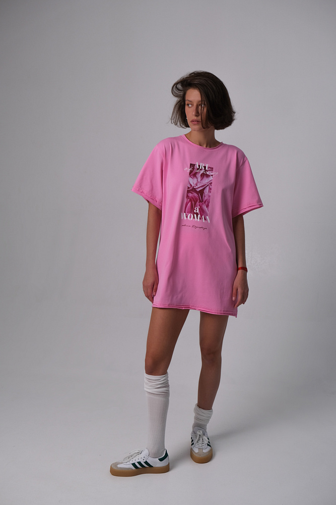 Футболка оверсайз удлиненная Flowers Розовый_10224