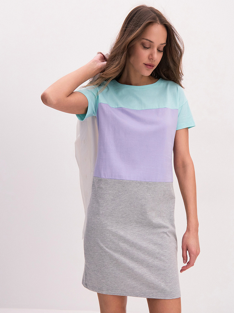Платье из хлопка Color blocks Ментол/Лаванда/Серый_14736