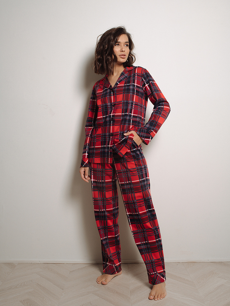 Прямые брюки из хлопка Slow beauty Клетка красная_8856