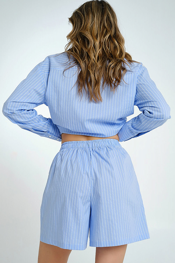 Шорты домашние голубые из хлопка полоска Fresh_7383