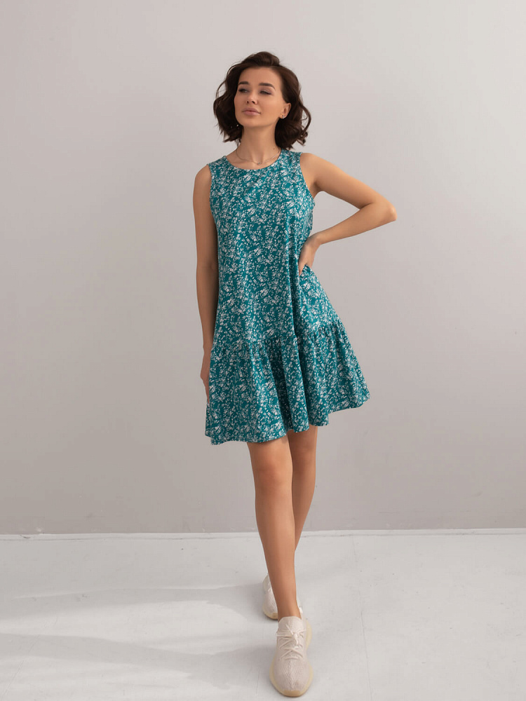 Платье из хлопка Kira Цветы на зеленом_6678