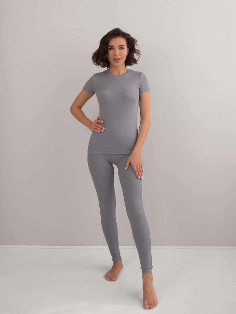 Леггинсы тёмно-серые в рубчик трикотажные Basic_5522