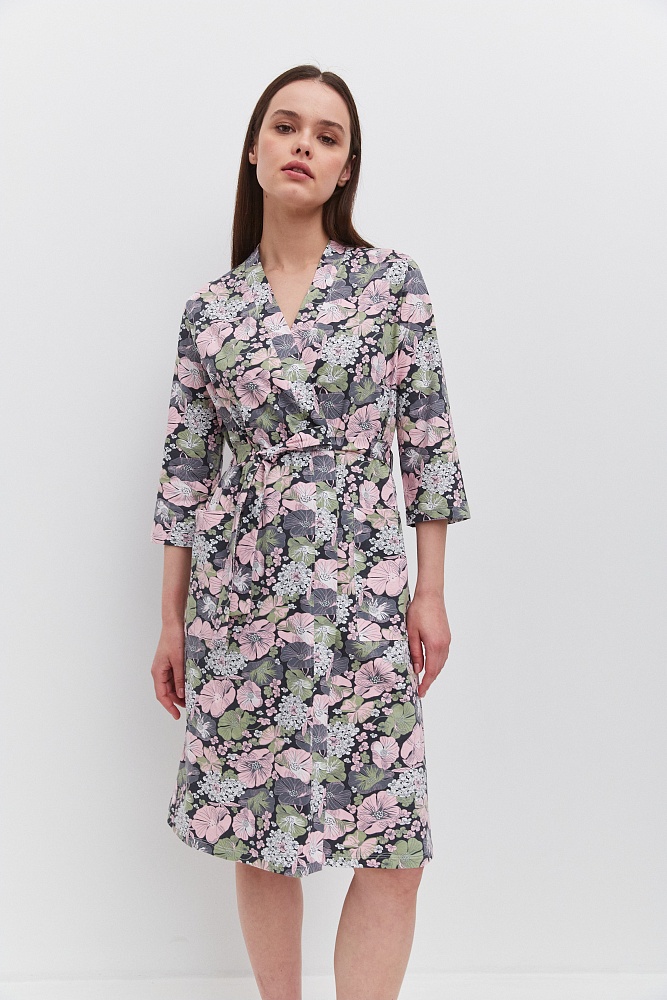 Халат из хлопка с поясом Cozy time Набивка/Цветы_11281