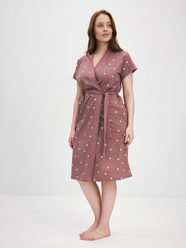 Халат из хлопка с поясом Cozy time Какао/Горох_13595