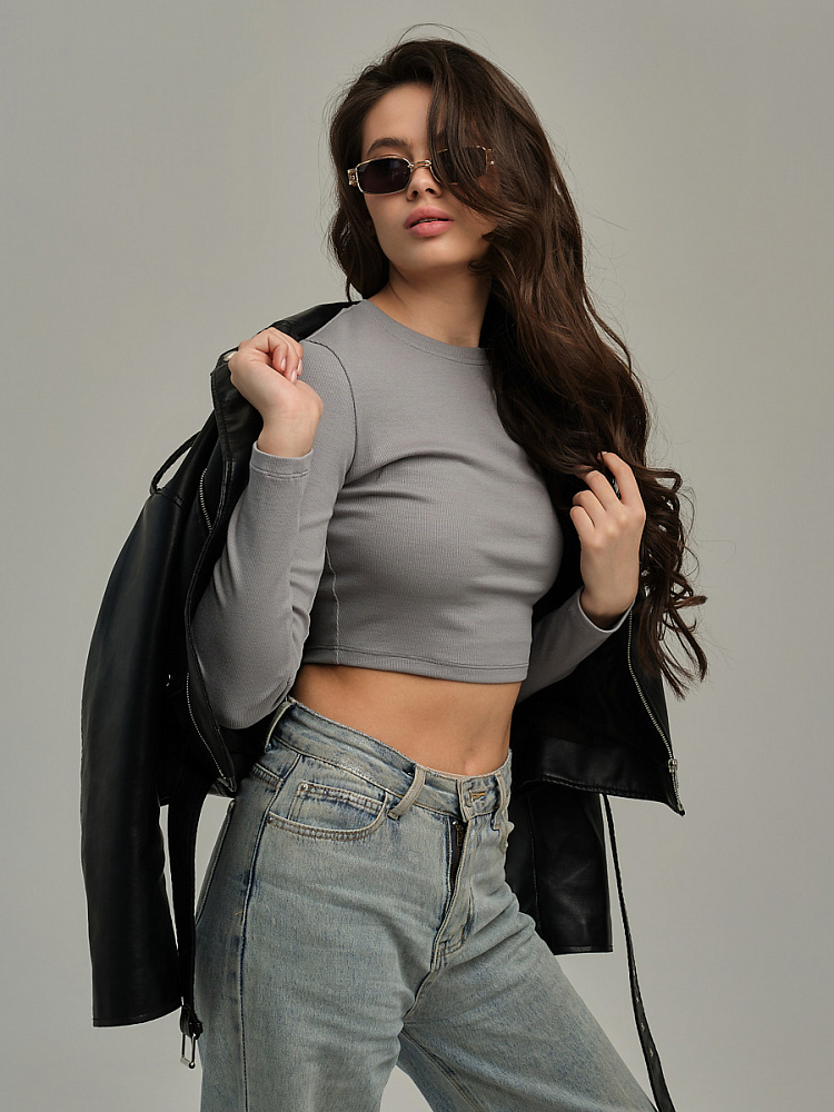 Лонгслив трикотажный в рубчик Basic Темно-серый_11055