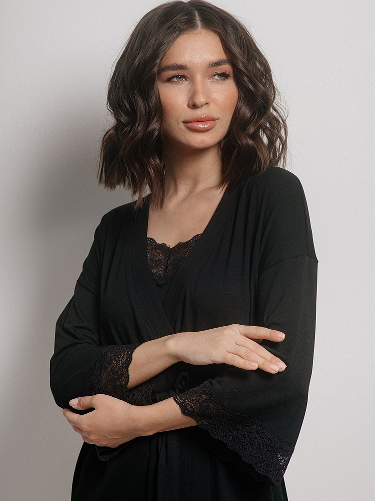 Халат из вискозы с кружевом Sylvia Черный_2628