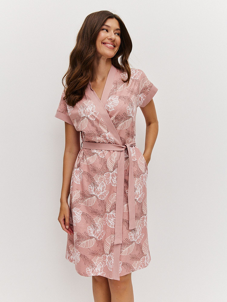 Халат из хлопка с поясом Cozy time Пудровый/Листья_11959