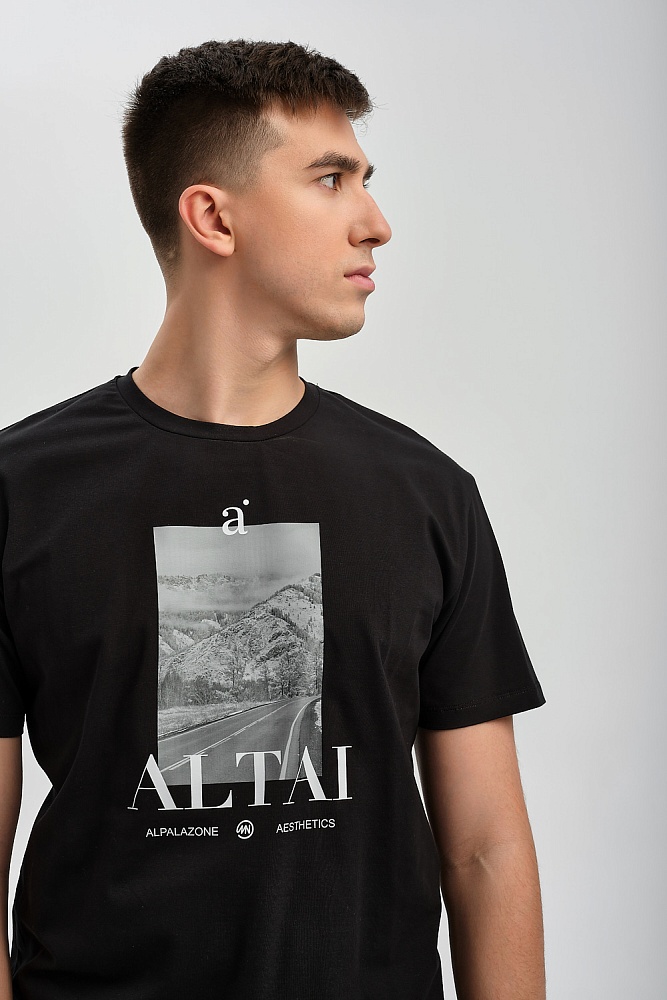 Футболка мужская с принтом Altai man Черный/Дорога чб_16708