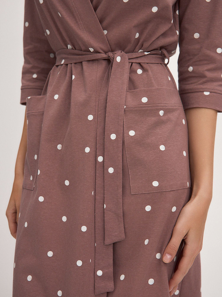 Халат из хлопка с поясом Cozy time Какао/Горох_12029