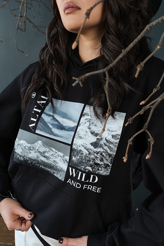 Худи из футера  Altai Черный/Горы чб_18827