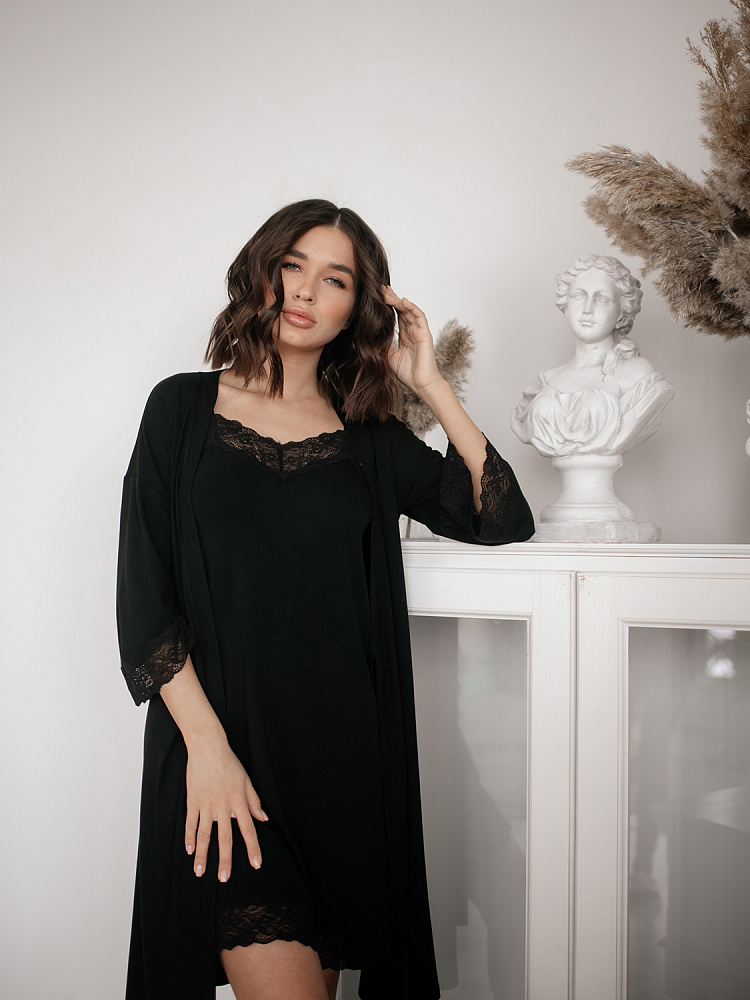 Халат из вискозы с кружевом Sylvia Черный_2631