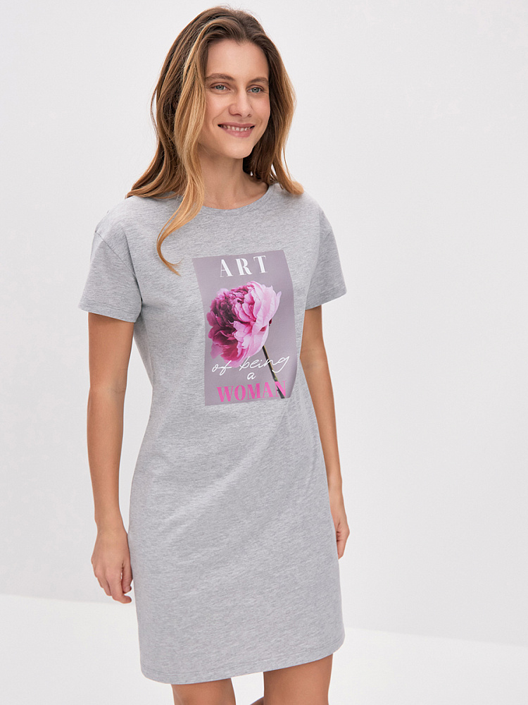 Платье из хлопка Color Print Серый меланж/Пион розовый_14804