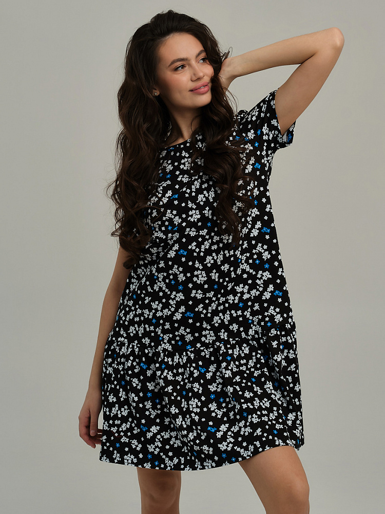 Платье из хлопка Kira Ромашки на черном_10599