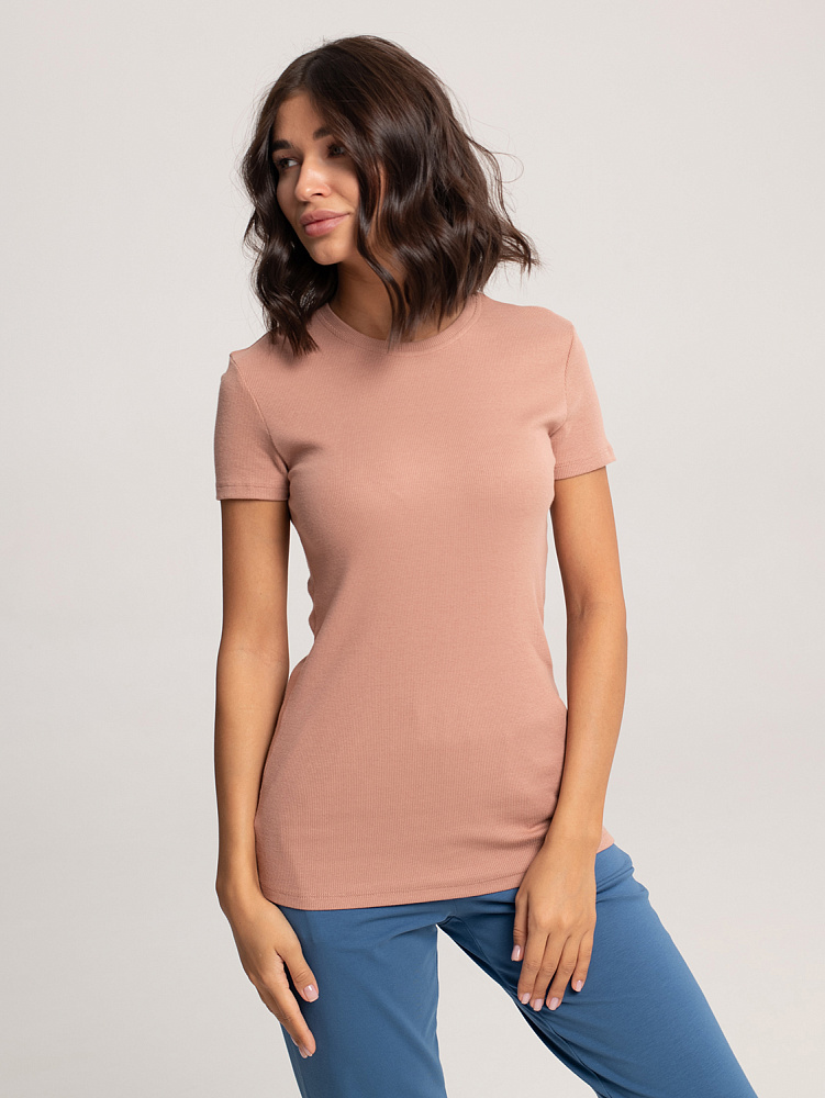 Футболка приталенная трикотажная в рубчик Basic Светло-коричневый_3241
