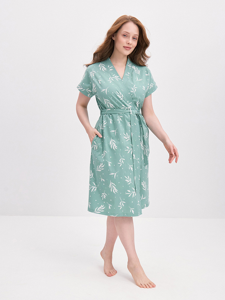 Халат из хлопка с поясом Cozy time Олива_14893