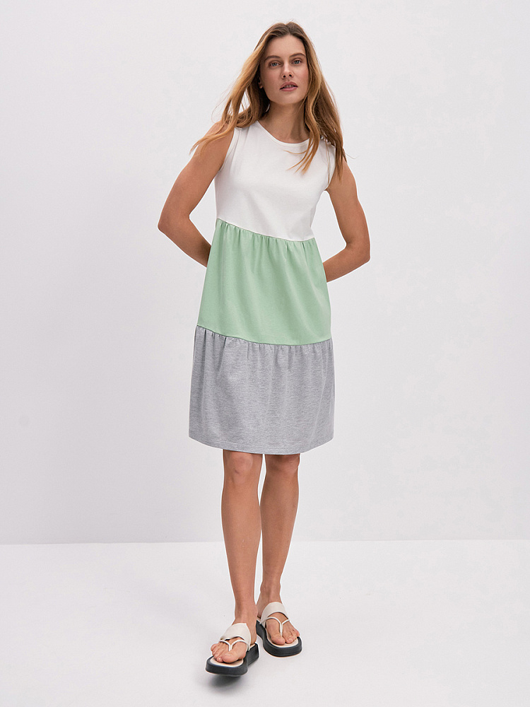 Платье из хлопка Color blocks Молочный/Зеленая трава/Серый меланж_14227