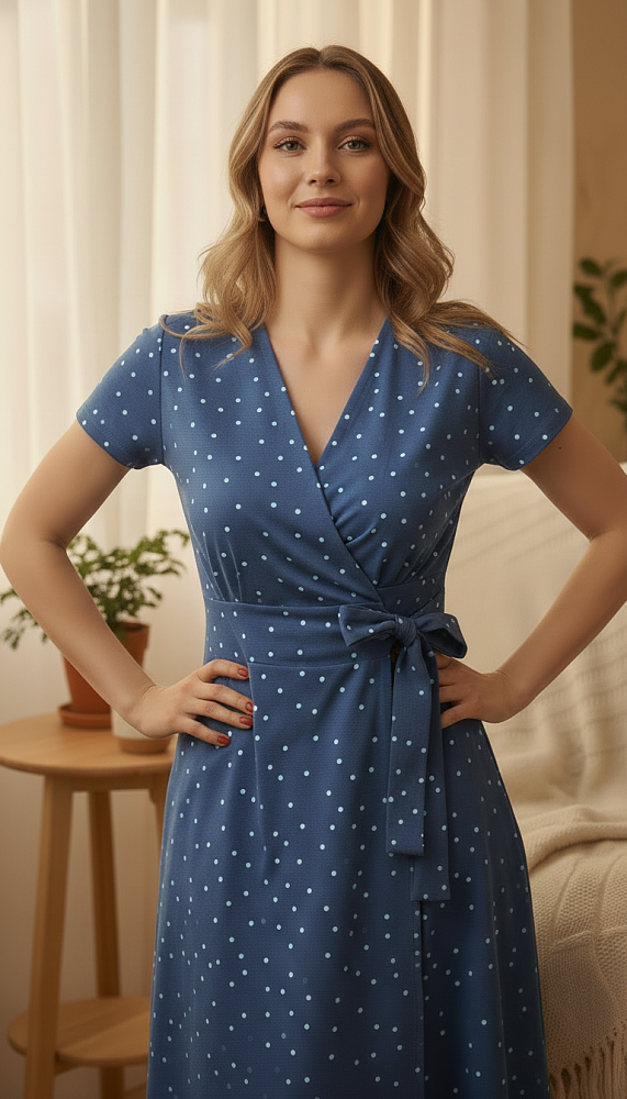 Халат из хлопка с поясом Cozy time Синий/Горох_19054