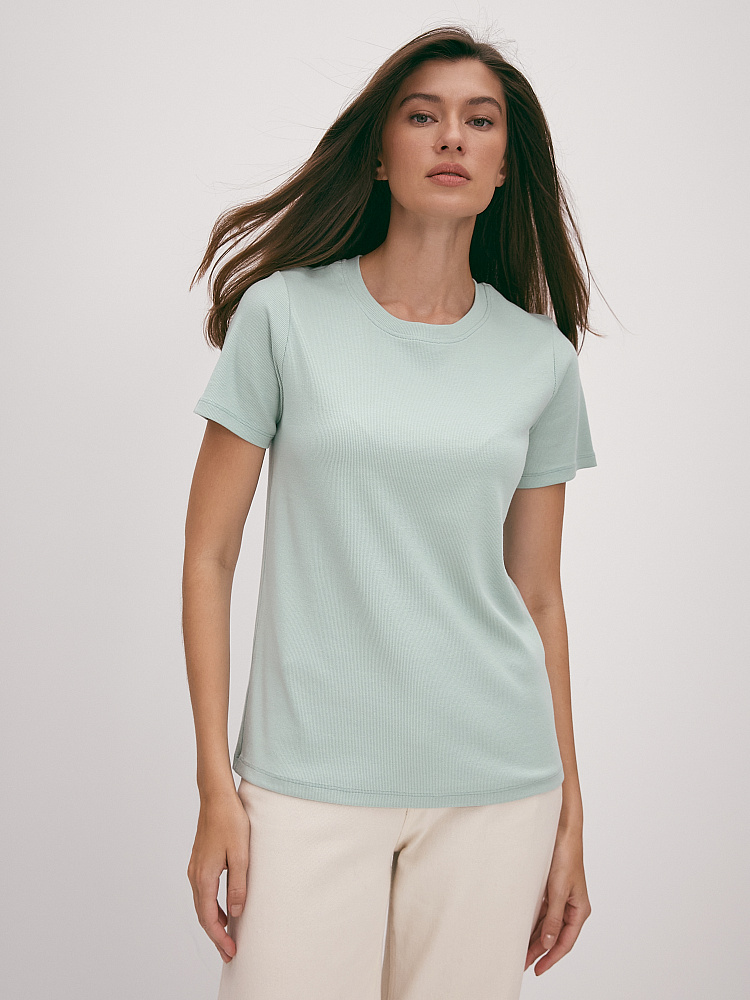 Зеленая футболка базовая в рубчик хлопок Шалфей Basic_13106