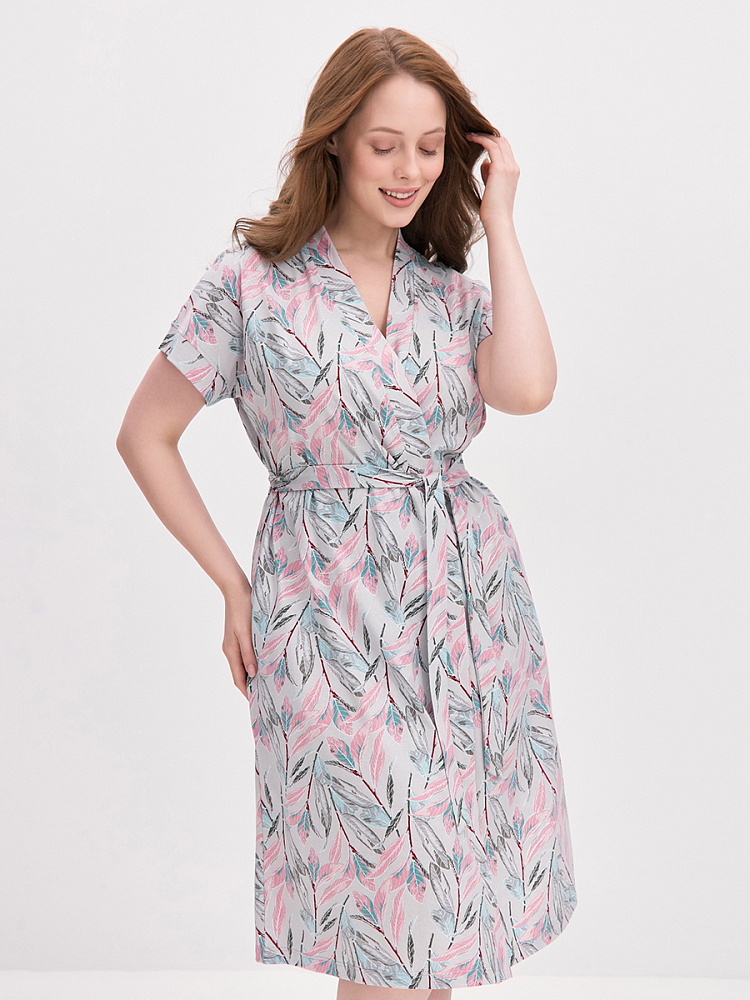 Халат из хлопка с поясом Cozy time Серо-розовые листья_14170