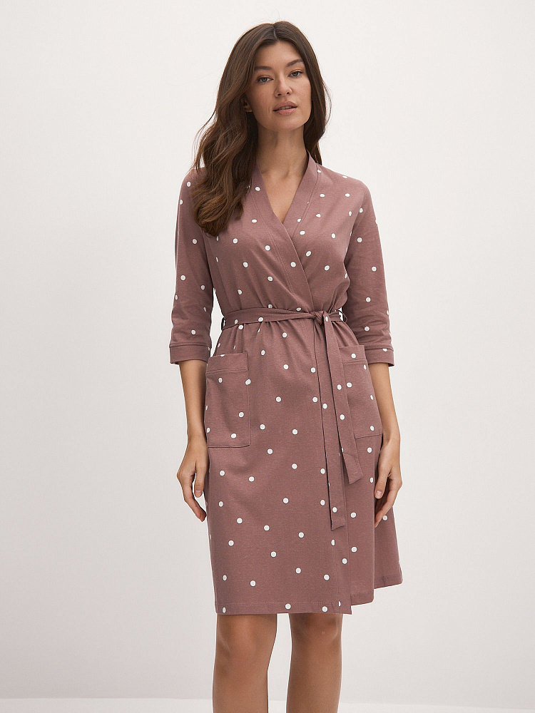 Халат из хлопка с поясом Cozy time Какао/Горох_12025