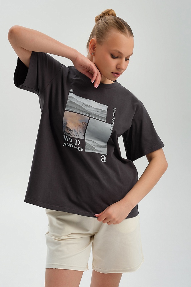 Футболка оверсайз с принтом Altai woman Графит/Облака_17906