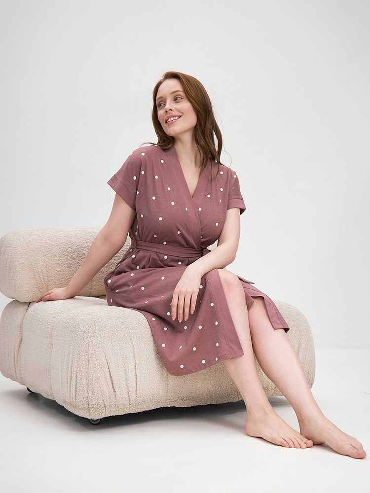 Халат из хлопка с поясом Cozy time Какао/Горох_13596