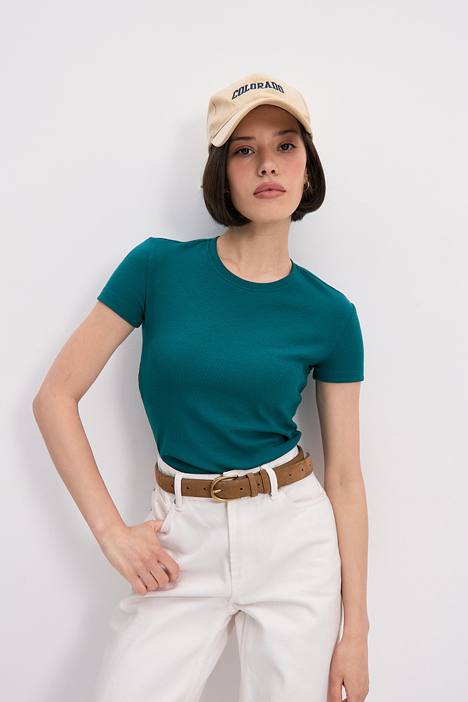 Футболка трикотажная в рубчик Basic Зеленый сапфир_15638