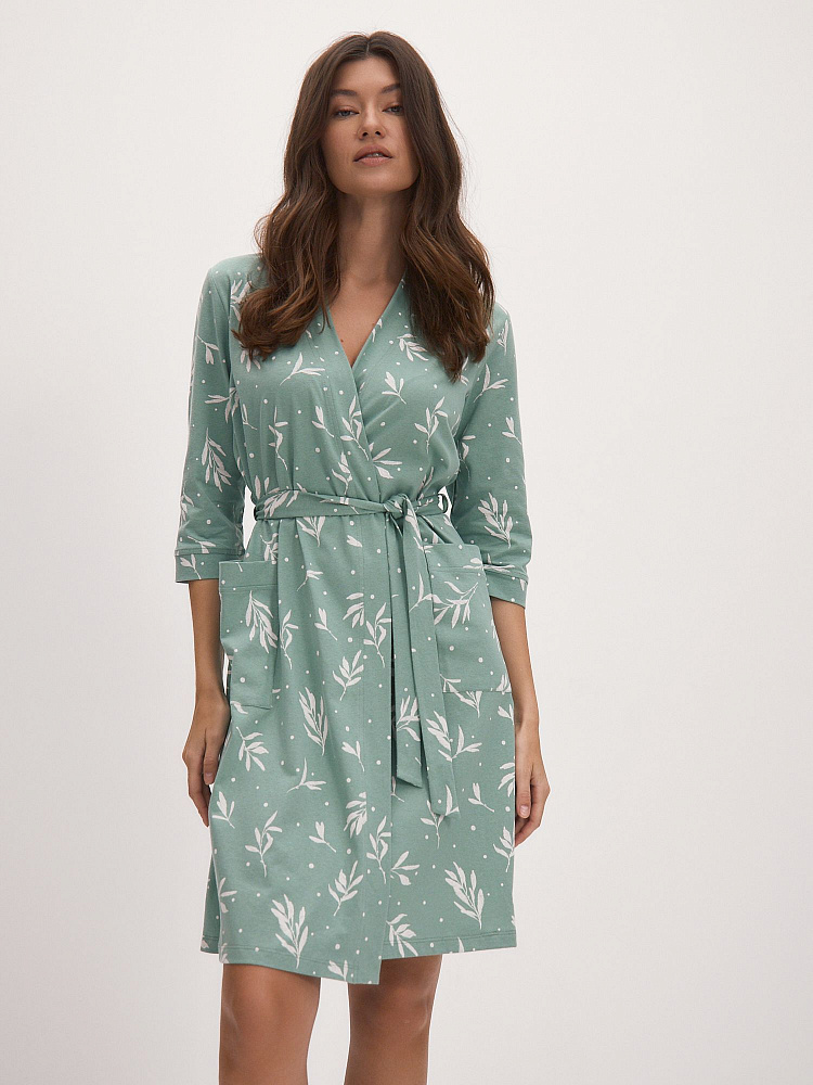 Халат из хлопка с поясом Cozy time Олива_12371