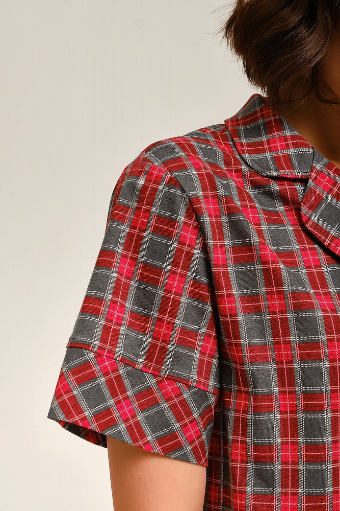 Рубашка с коротким рукавом из хлопка Slow beauty Красно-серая клетка_12488