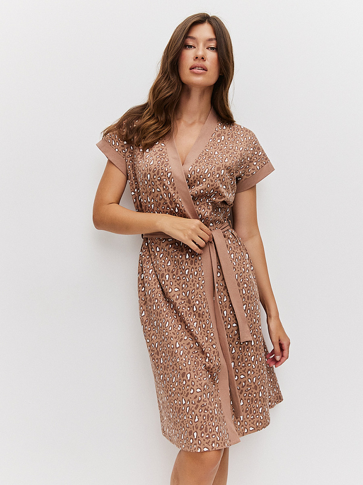 Халат из хлопка с поясом Cozy time Коричневый леопард_13803